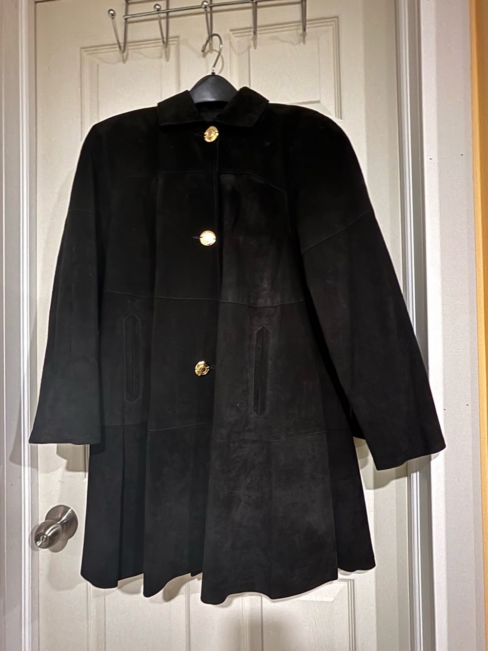 Marquise Black Suede Trench Coat with Gold Buttons